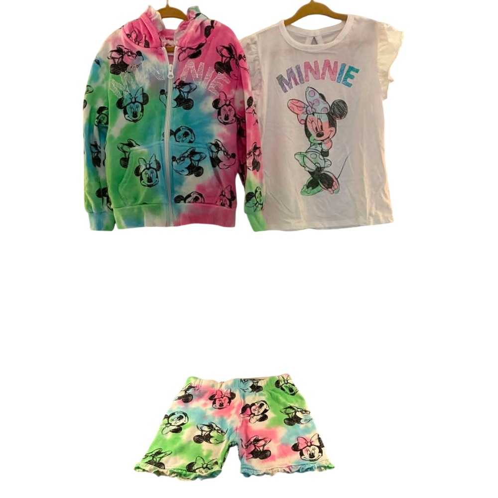 Disney‎ Minnie Mouse Outfit Set Girls 4T Pink Green Tie Dye Hoodie 3pc Playwear